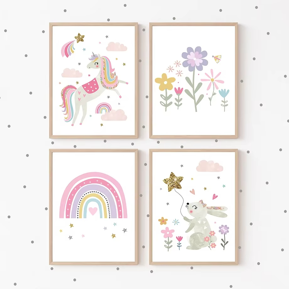 Baby Unicorn Nursery - Pink Unicorn Rabbit Rainbow Cloud Flower