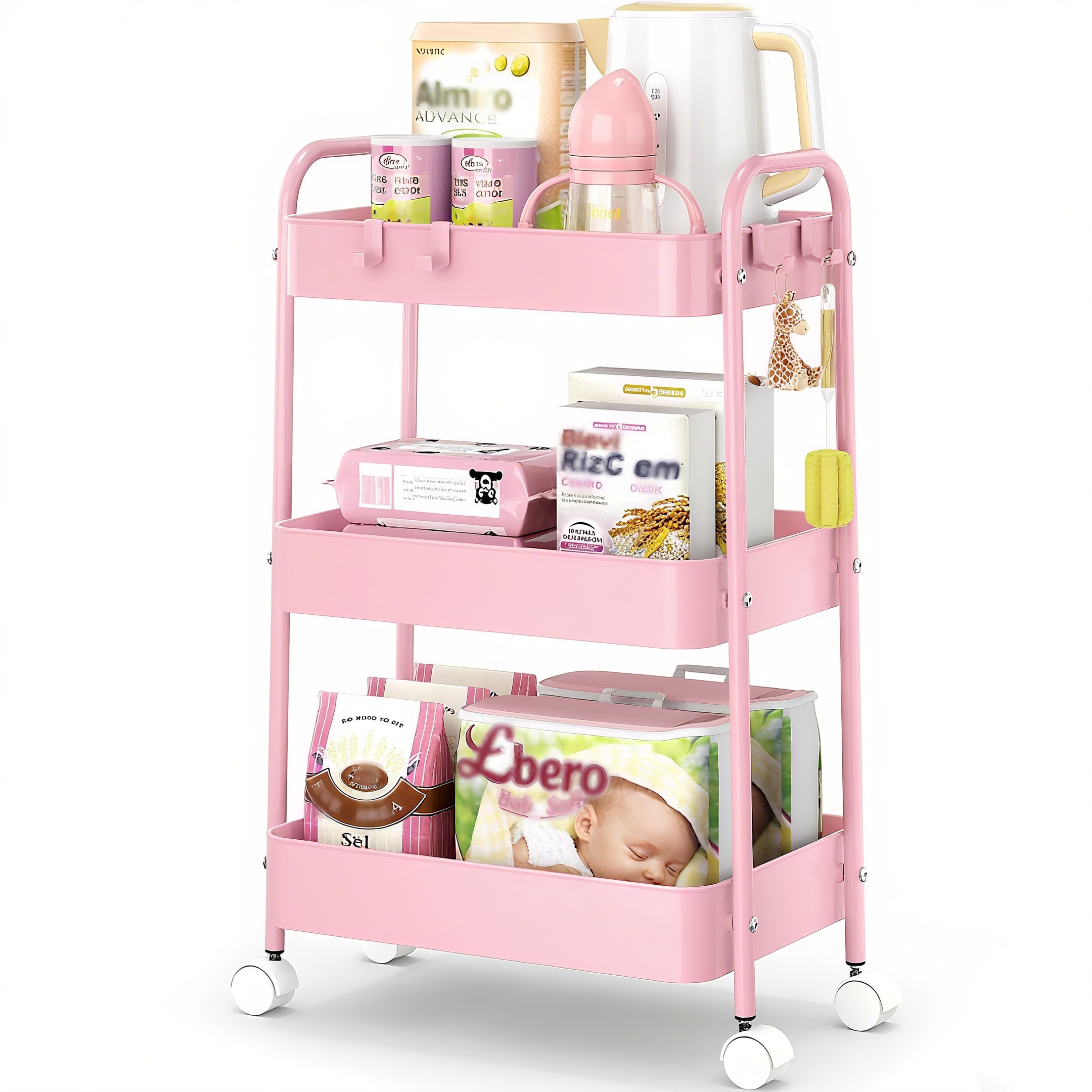 Baby Nursery Trolley - 3 Tier Metal Rolling Cart With