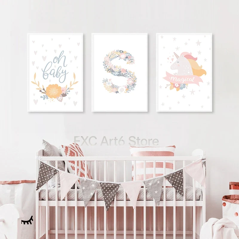 Baby Unicorn Nursery - 1PC frameless Floral Alphabet Letters Unicorn